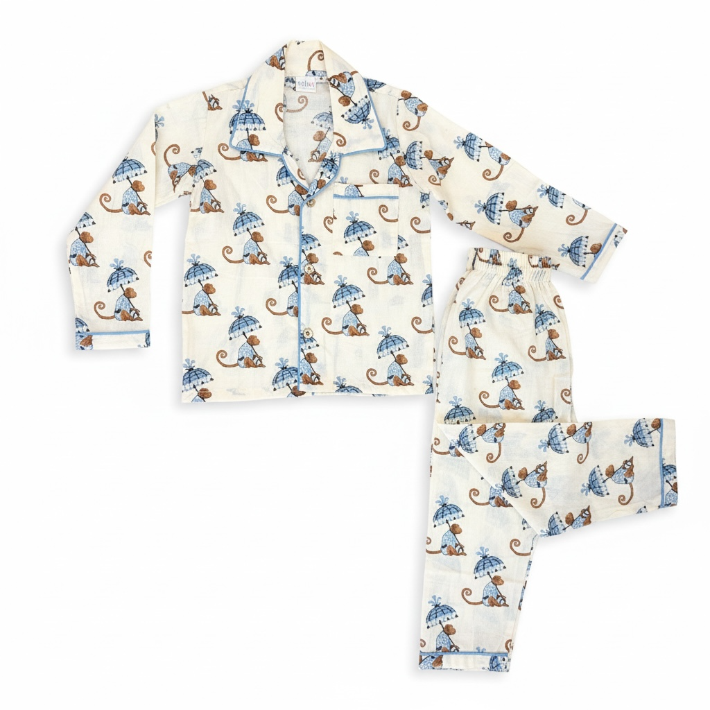 Playful Monkey Blue Printed Cotton Night Suit Set