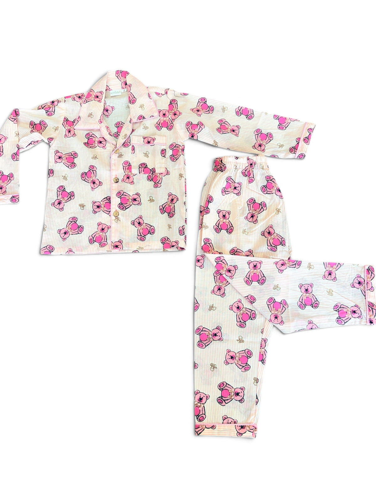 Cute Teddy Bear Pink Printed Cotton Night Suit Set