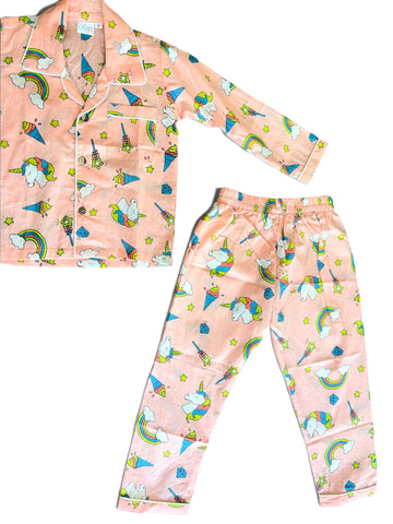 Dreamy Rainbow Peach Pink Printed Cotton Night Suit Set