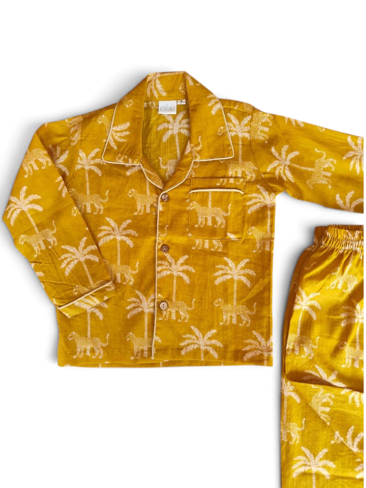 Safari Mustard Yellow Animal Printed Cotton Night Suit Set