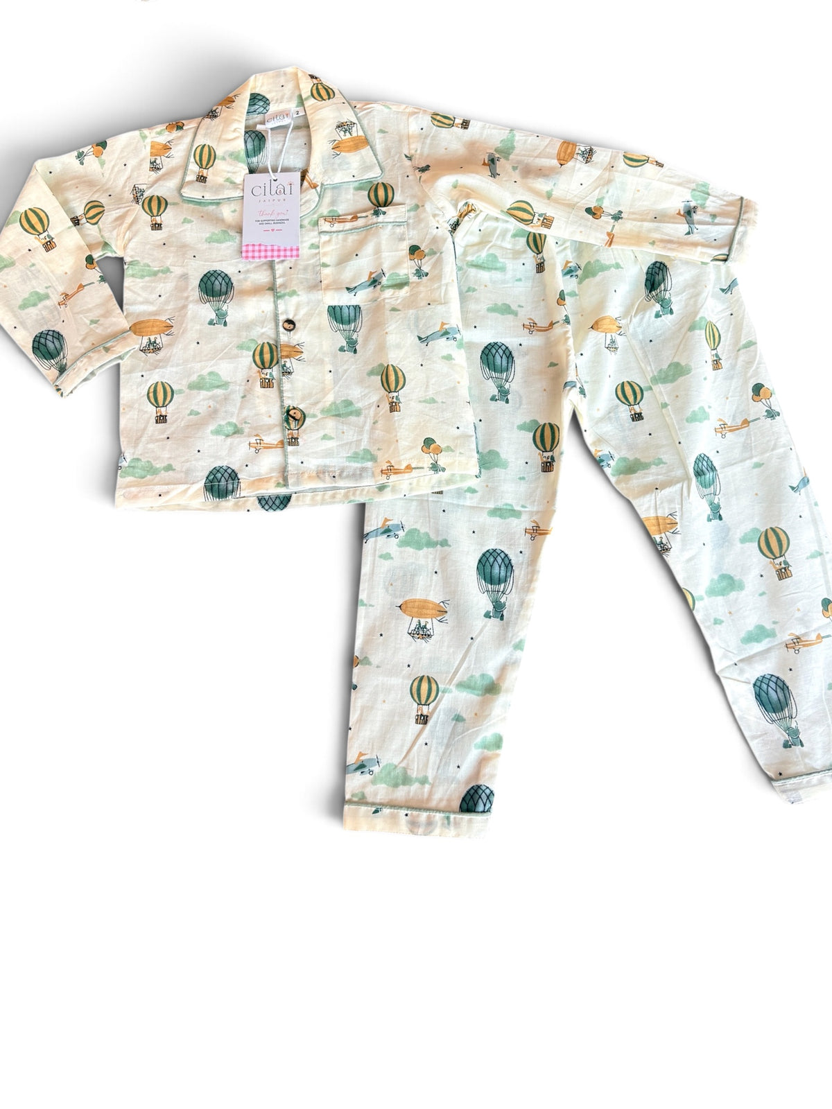 Dreamy Sky Hot Air Balloon Printed Cotton Night Suit Set
