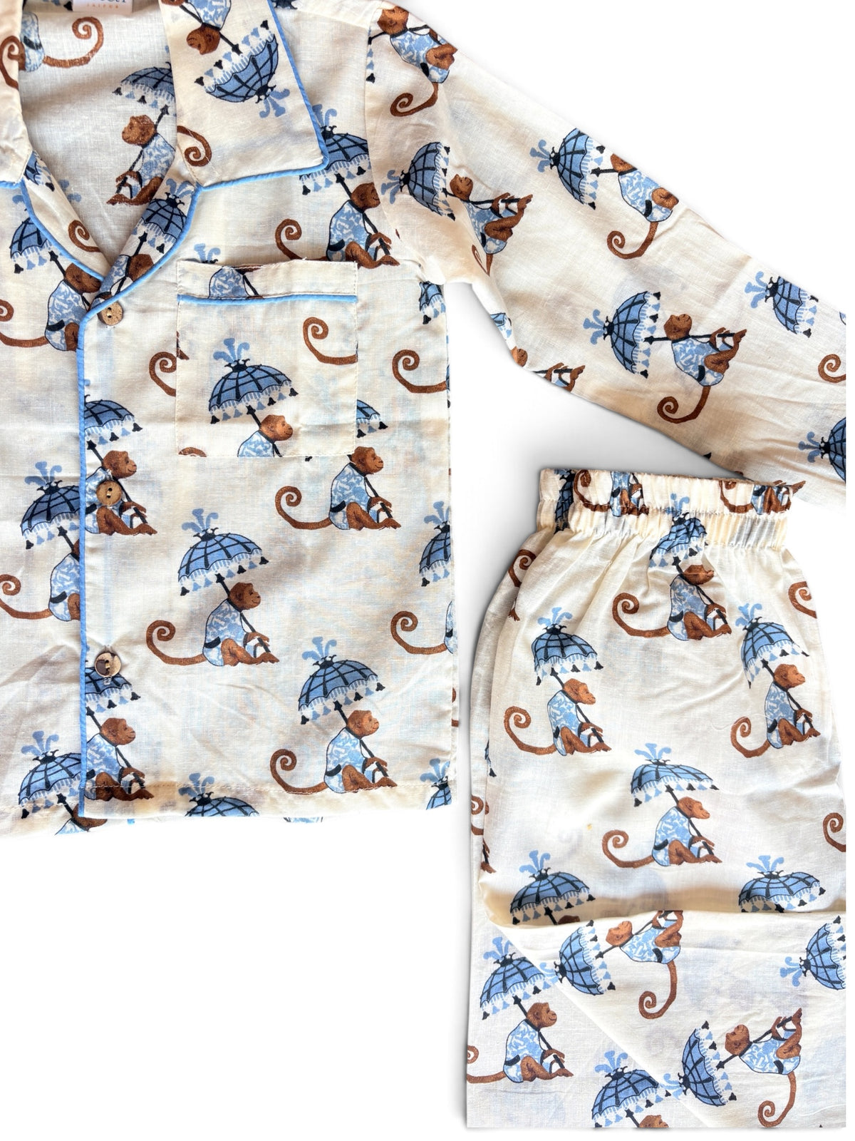 Playful Monkey Blue Printed Cotton Night Suit Set