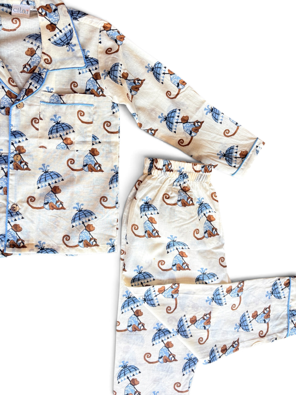 Playful Monkey Blue Printed Cotton Night Suit Set