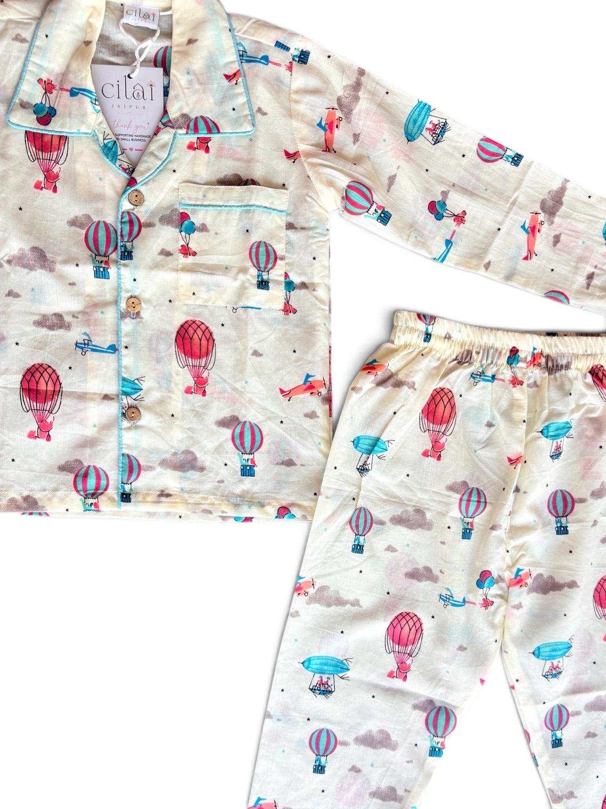 Adventure Sky Balloon Printed Cotton Night Suit Set