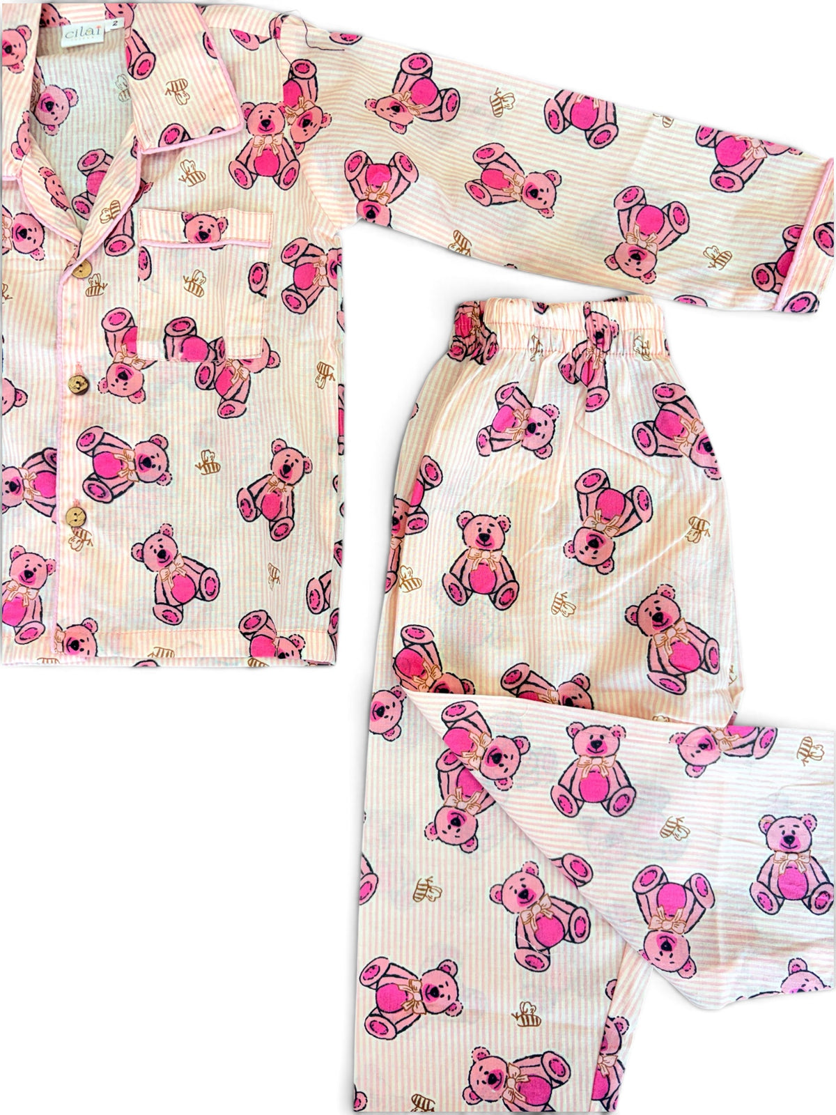 Cute Teddy Bear Pink Printed Cotton Night Suit Set