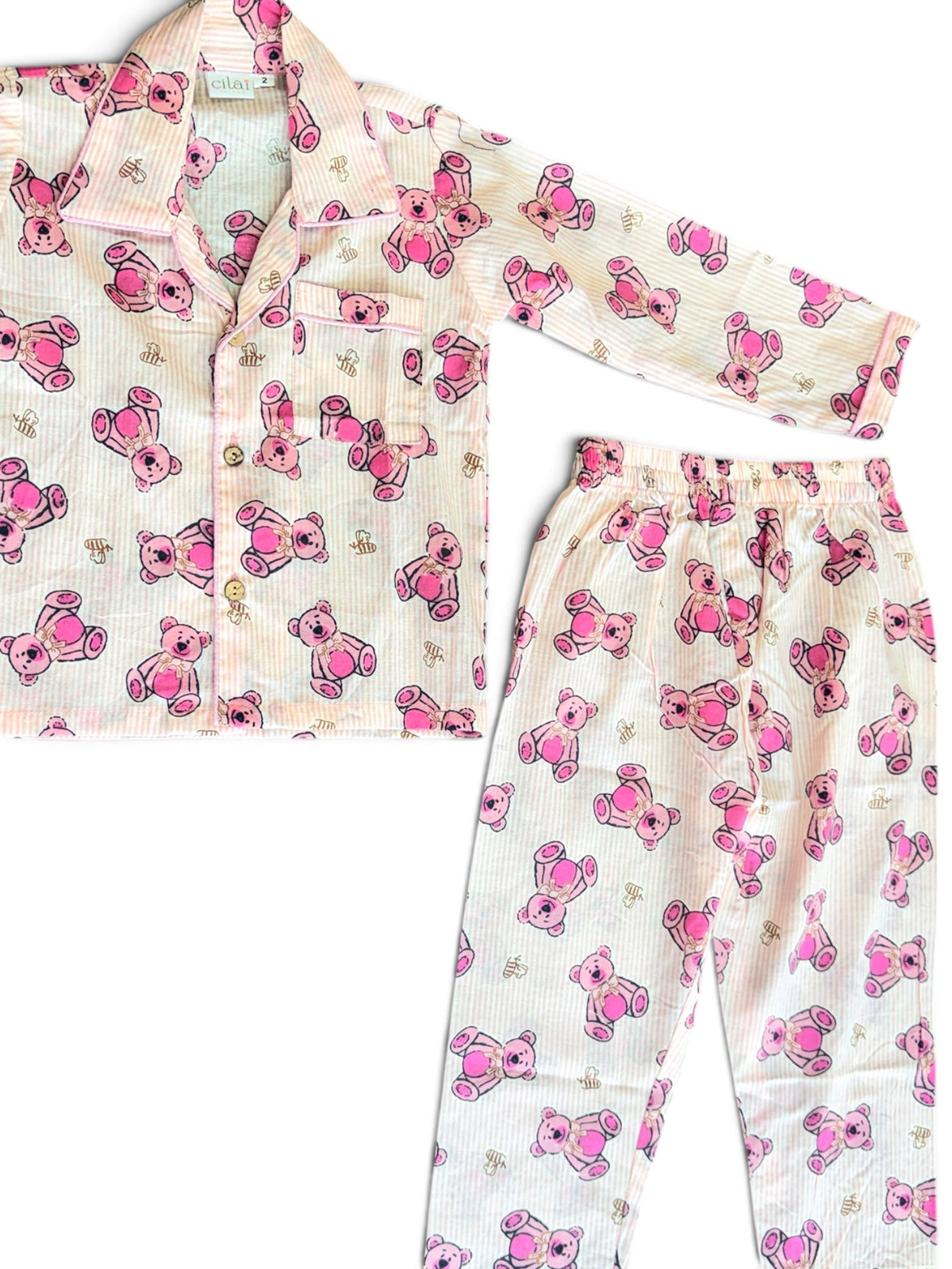 Cute Teddy Bear Pink Printed Cotton Night Suit Set